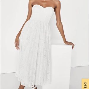 Exquisite Aura White Lace Strapless Bustier Midi Dress